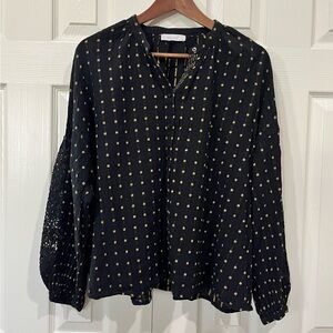 M&S Per Una Blouse with Lace Crochet Sleeves Black Gold Size US 10
